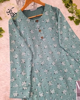 تونیک جلو بسته سبز فیروزه ای طرح شکوفه گل عروس